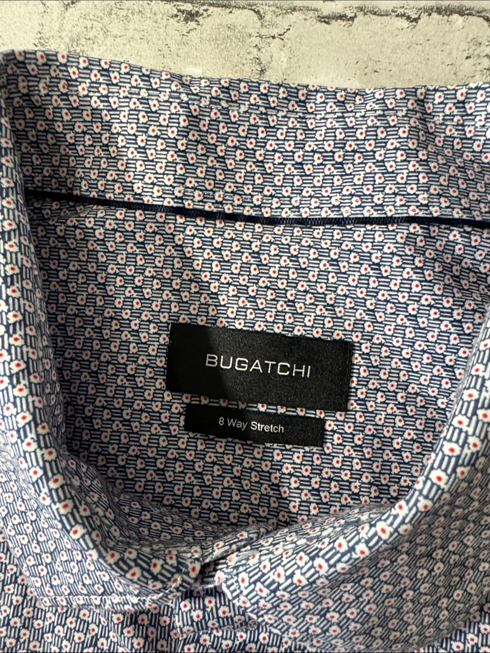 Bugatchi mens 3XL XXXL blue red micro pattern 8-way stretch knit button up shirt